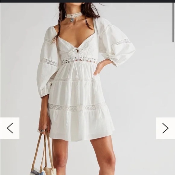 Free People All Mine Mini Dress M cream ivory linen lace boho flowy cut out - Picture 1 of 9